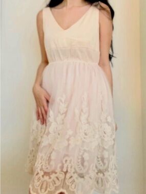 Ultra Pink Soft Pink Lace Midi Dress - V-Neck Sleeveless